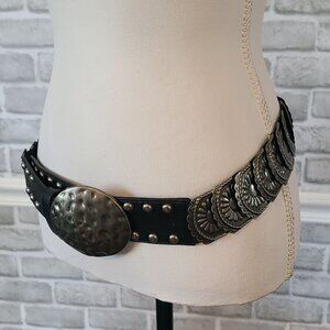 Vintage Hammered Metal Stretch Disc Belt Black Silver M/L Goth Rocker Viking
